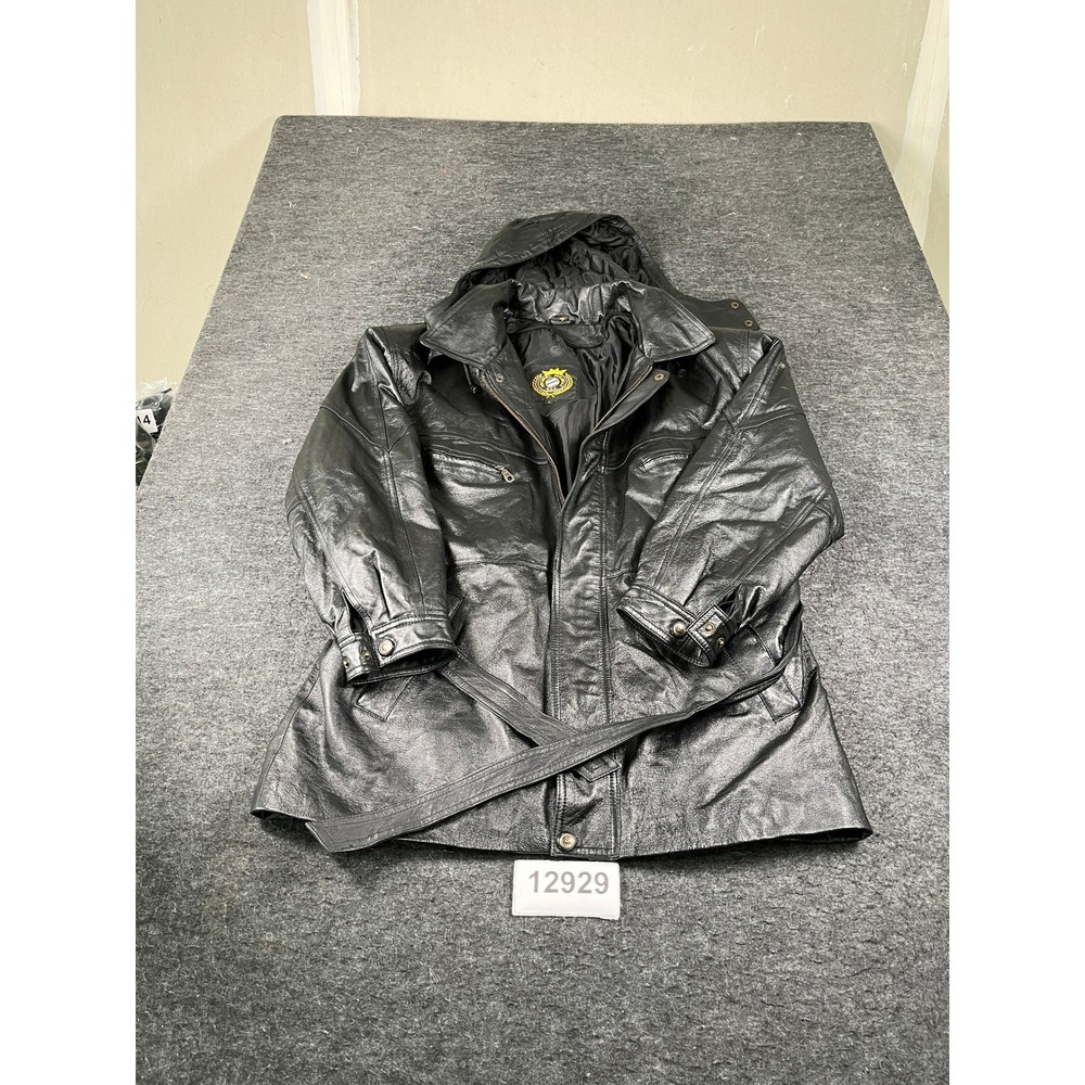 Michael Michelle Leather Jacket Mens L Black Excellent Hooded Belted Parka